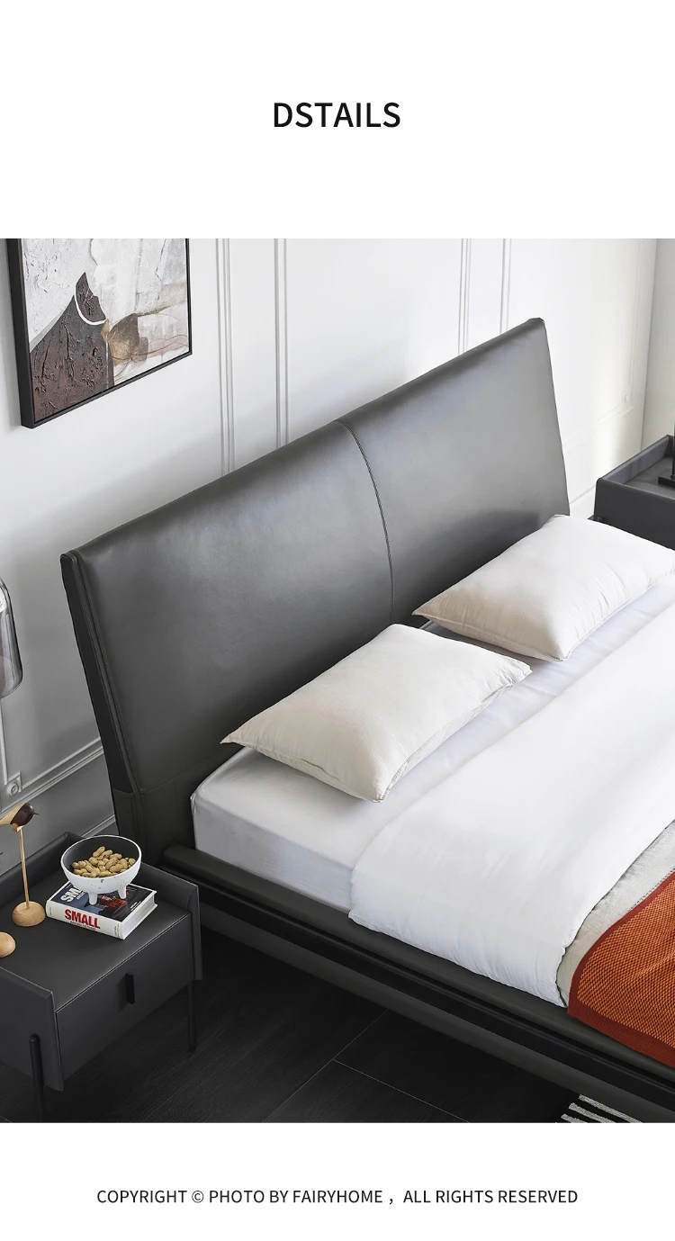 Italian Modern Contemporary Nordic Leather Solid Wood Frame Unique Shaped Upholstered Headboard Latest Double King Bed Design