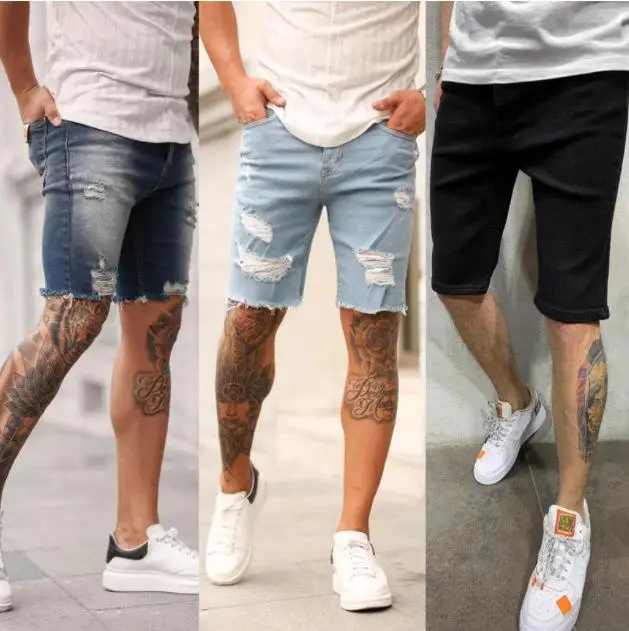 

High Quality 2021 Men's Ripped Denim Shorts New Men's Mid Short Jeans Pants