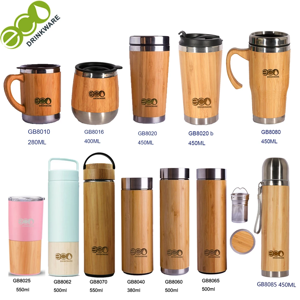 

GB8080 450ML/16OZ Natural BPA free no mininum Stainless Steel bamboo tumbler with handle, Yellow