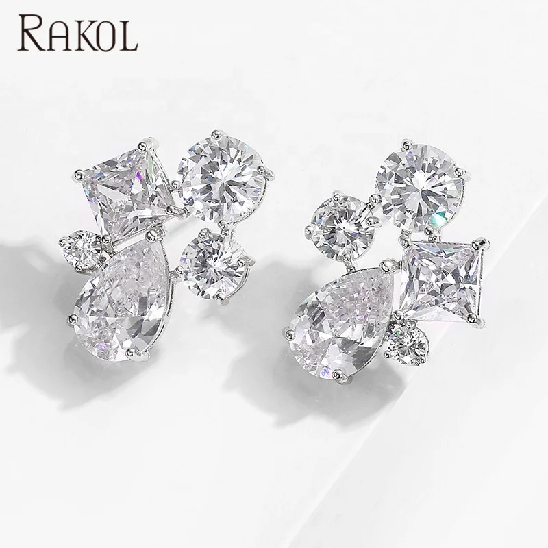 

RAKOL EP2419 Druzy cubic zirconia earrings 2020 full diamond Luxury 925 silver stud Hypoallergenic earrings jewelry, Picture shows