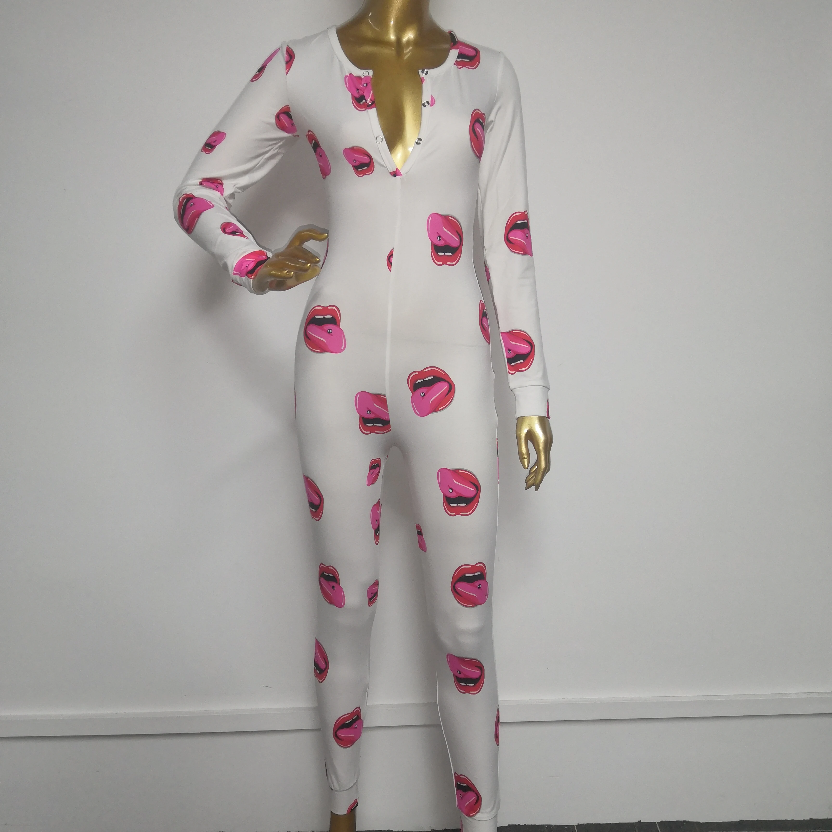 

Wholesale Sexy Tongue Out Long Pajamas With Butt Flap Adult Jumpsuits Women Onesie