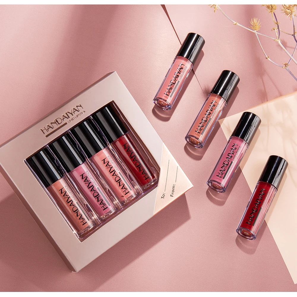 

Vmae Wholesale HANDAIYAN Custom Logo 4PCS LIP Gloss Sets Long Lasting Waterproof 2 Suit Options Liquid Lipstick Private Label