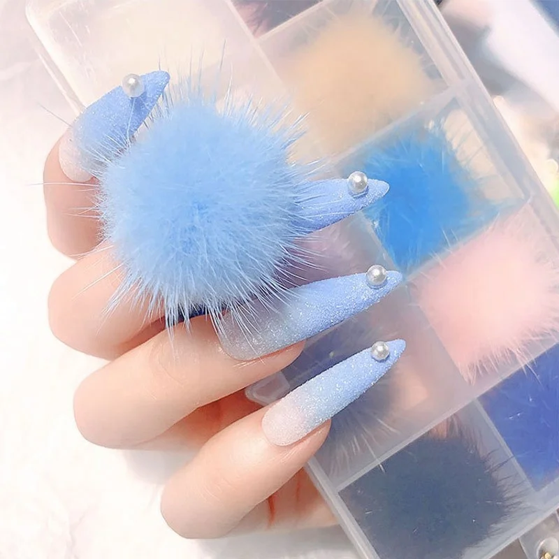 

3D Nail Art Decorations Fluffy Hairball Custom LOGO Fashion Magnetic Cute Pompoms Detachable Design Plush Ball Jewelry Nail Poms, Picture
