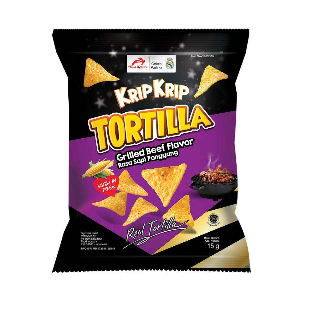 
DUA KELINCI   KRIP KRIP   TORTILLA CHIP GRILLED BEEF FLAVOR SNACK INDONESIA 15 GR 