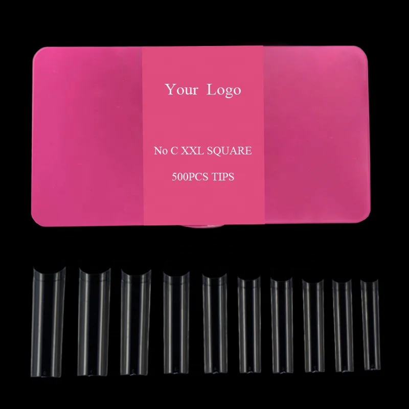 

500Pcs Pink Box White/ black box Custom logo Non C Curve Coffin Square XXL ABS Clear No C Curve Coffin Tips