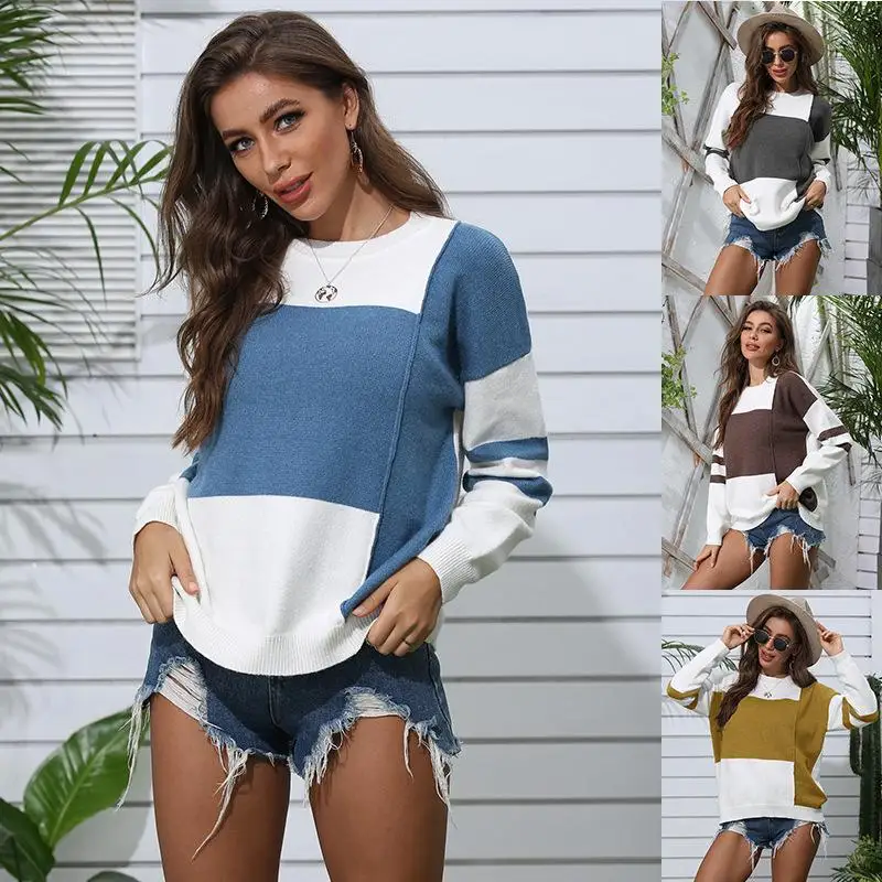 

Fall Clothing 2021 Autumn And Winter New Women's Contrast Stitching Round Neck Pullover Sweater