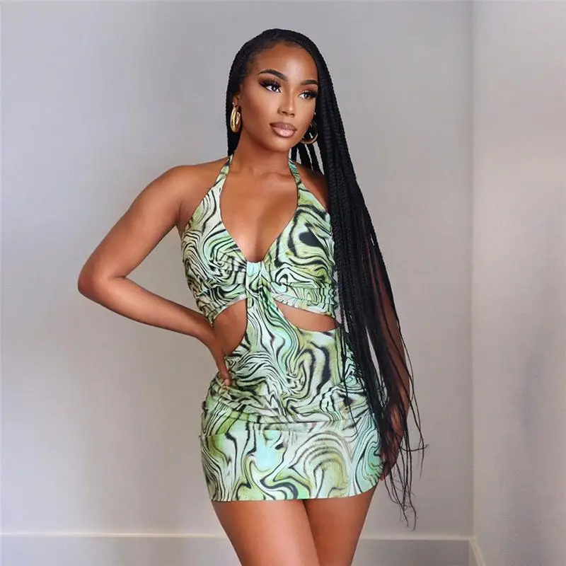 

2021 Summer Sexy Green Hollow Out Bodycon Dresses Boho Beach Printed Casual Dresses