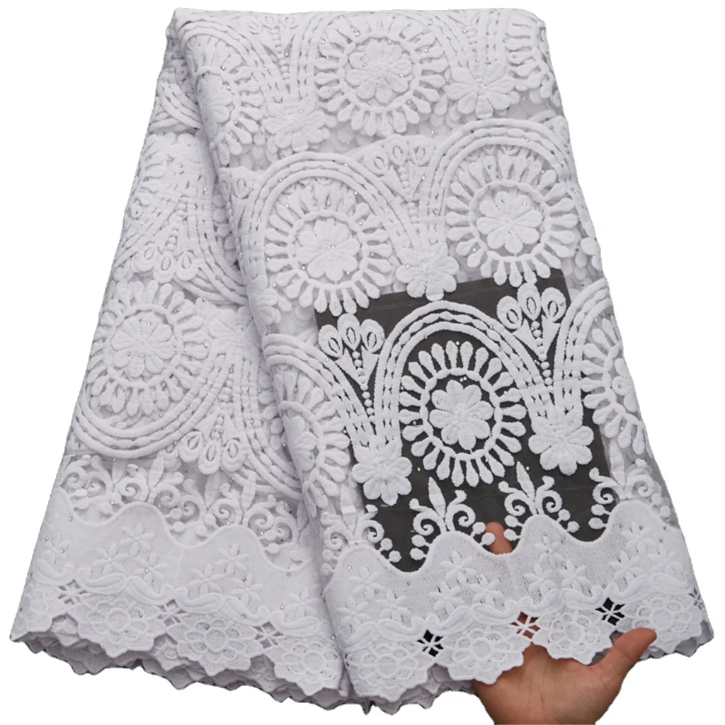 

2735 Free Shipping White Color Wedding Lace Embroidery With Stones African Lace fabric For Dress, Cupion