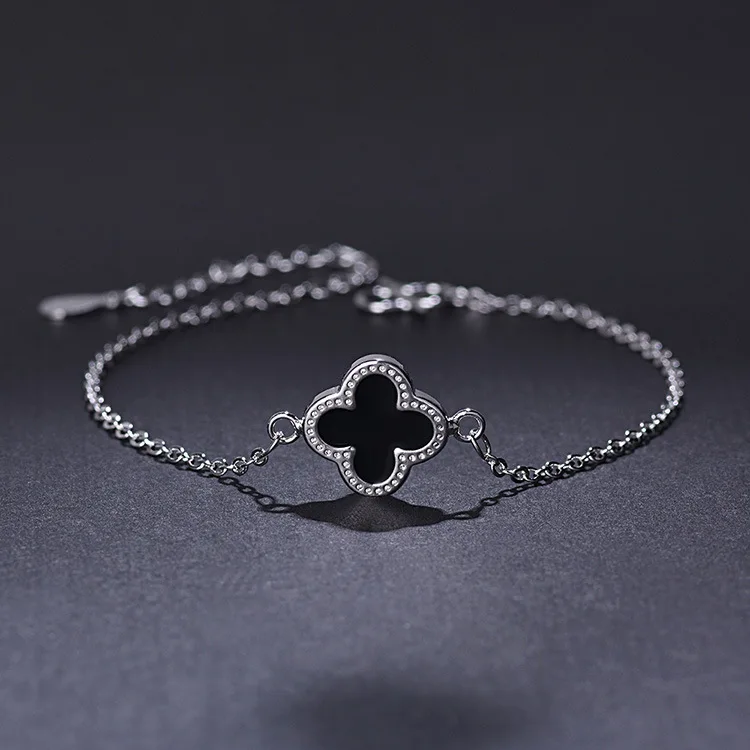 

Fashion Jewelry Set Black Four Leaf Clover Charm Women's Silver Plated Copper Chain Bracelet