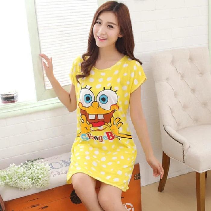 

Cowinner Milk Silk Fabric Cartoons Character Nightgown Pajamas For Woman Short Sleeve Sleepwear Night Shirts Homewear, As pic