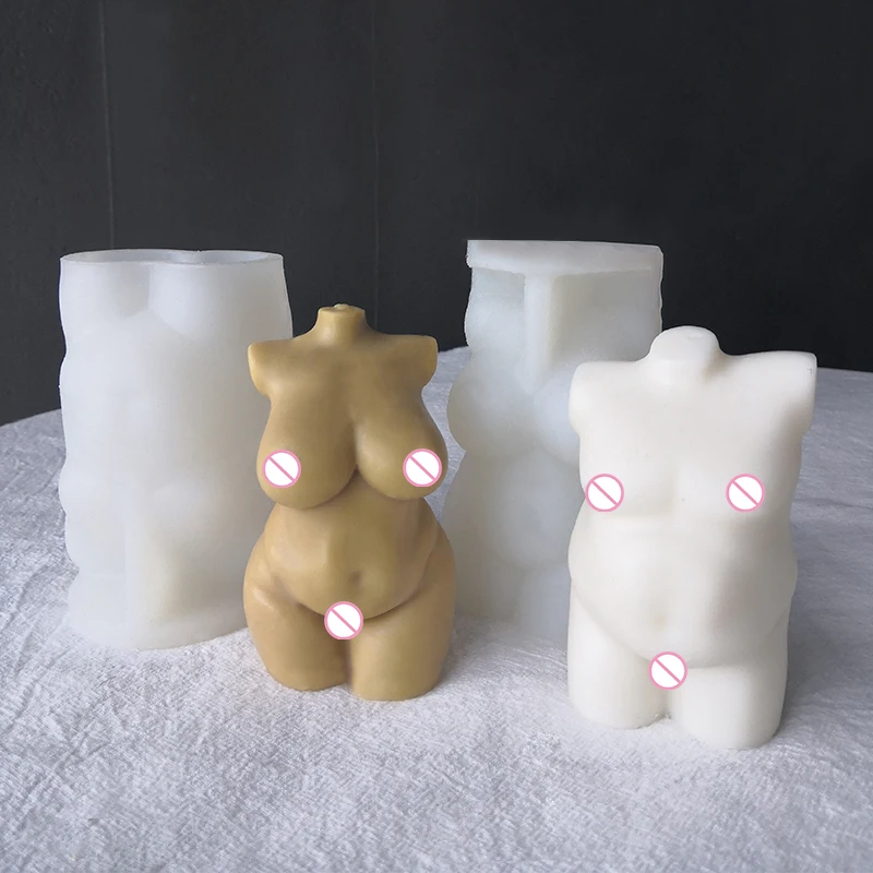 

J13 NEW 3D Naked Fat Man Torso Silicone Mold Pink Ribbon Nude Curvy Female Figure Body Candle Mould, White