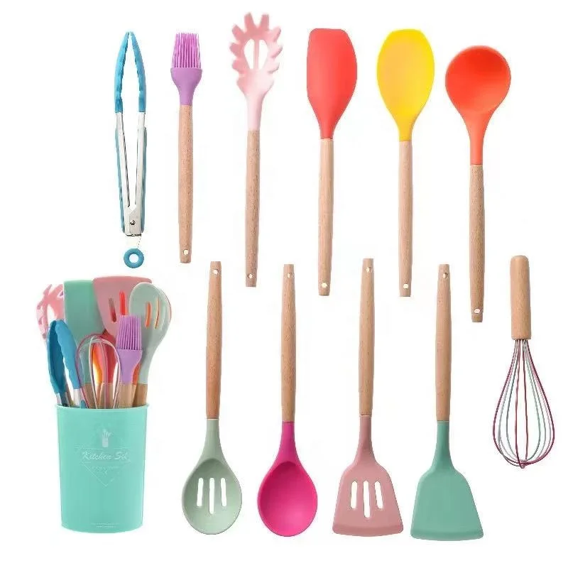 

11 Pieces In 1 Set Silicone Kitchen Accessories Cooking Tools Kitchenware Cocina Silicone Kitchen Utensils With Wooden Handles, Red,mint green,black,pink