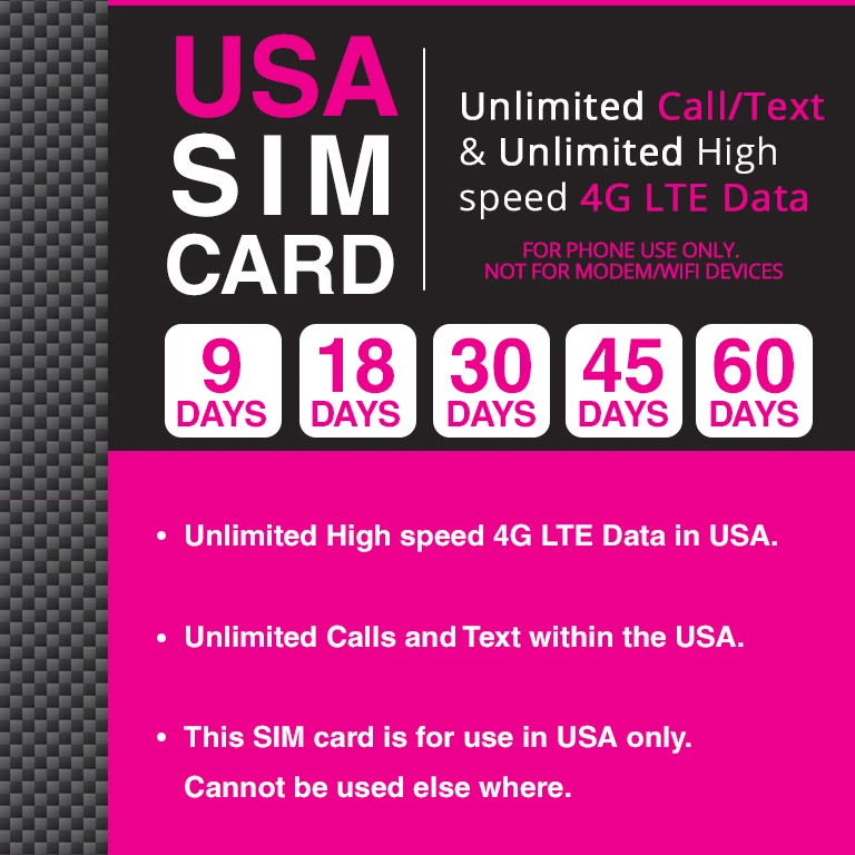 

USA Prepaid Travel SIM Card T MOBILE Plan UNLIMITED 4G LTE Data and Unlimited Calls/SMS in USA for 18 Days PACK OF 10