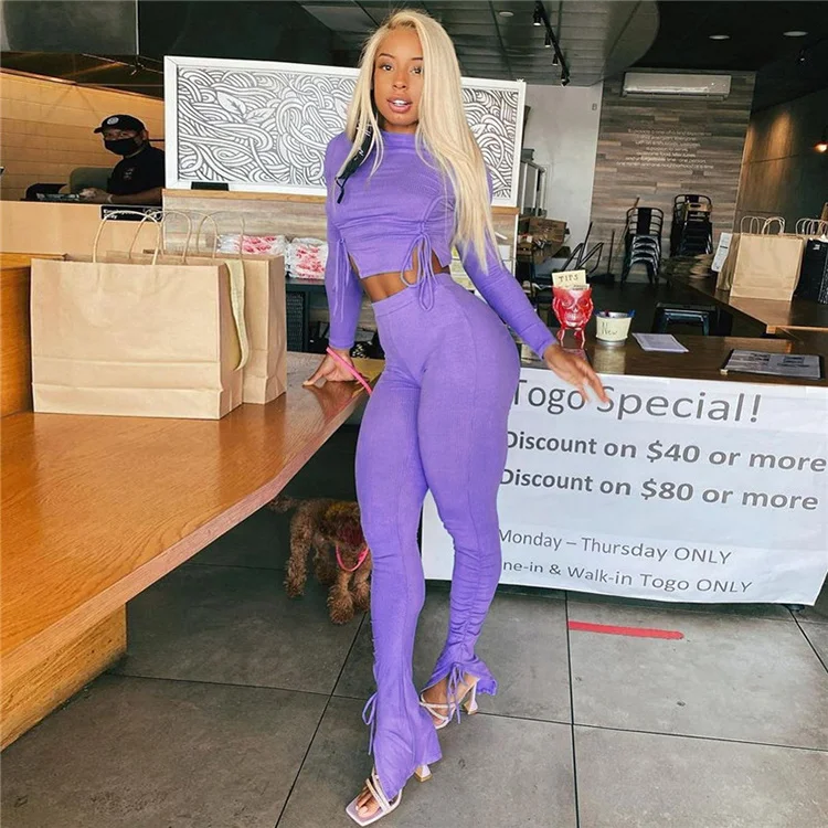 

Solid Drawstring High Waist Womans Fitted Fashion Long Sleeve Two Piece Pants Set -PT, Purple