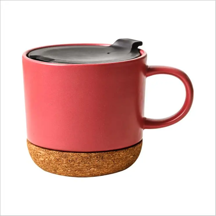

Customized Logo Cork Mug Matte Ceramic Coffee Cup With PP Splash-free Lid and Handle Mug with Cork Bottom, Black,red,white or custom made colour