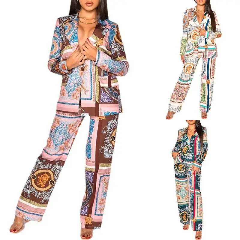 

2021 Autumn New Women's Dress Fashion Casual Suit Printed Small Suit Straight Pants Casual Wear