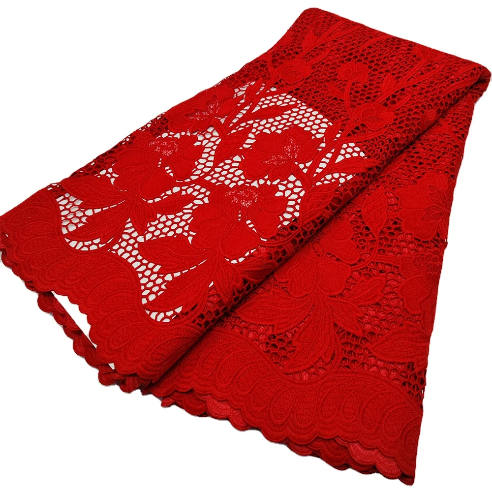 

Newest African Party Fashion Red Dress Guipure Cotton Lace HFX Nigeria Cord Embroidery Lace Fabric
