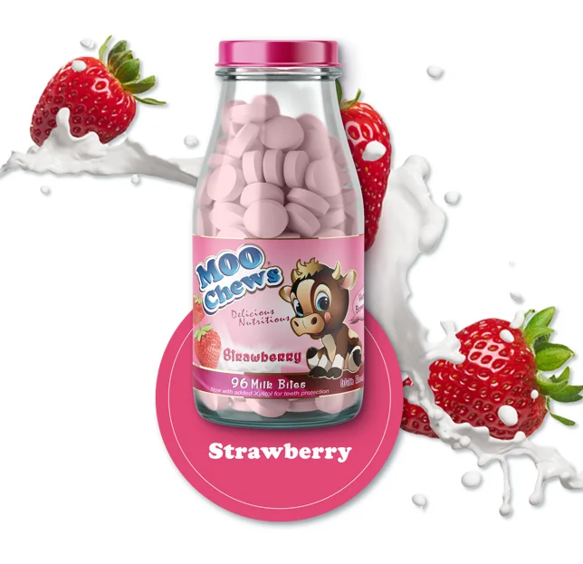 
Moo Chews 96 tablets bottle Strawberry Healthy Snack Kids and Toddlers Milk Tablet High Calcium NZ made 