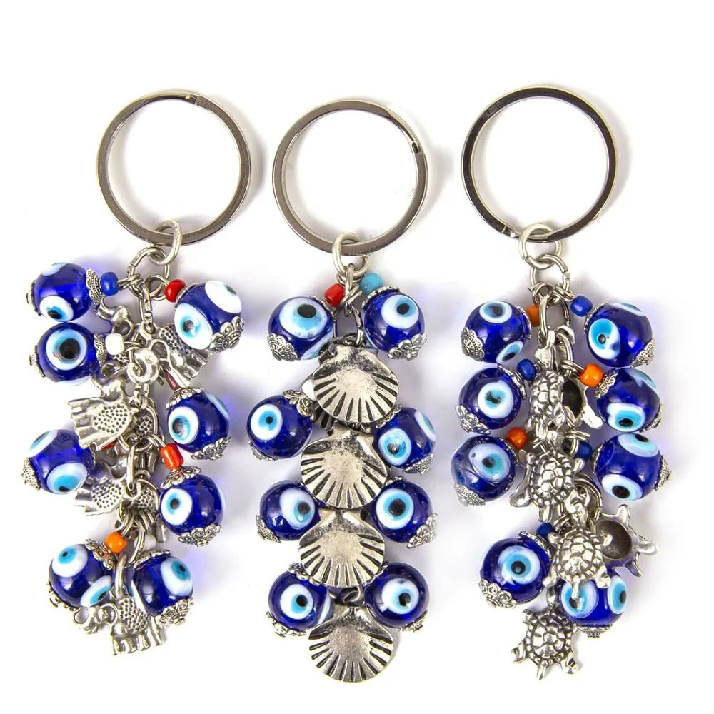 
GRAPE SHAPED BLUE HAND MADE EVIL EYE NAZAR BEADED AND MIXED FIGURED KEY CHAIN 