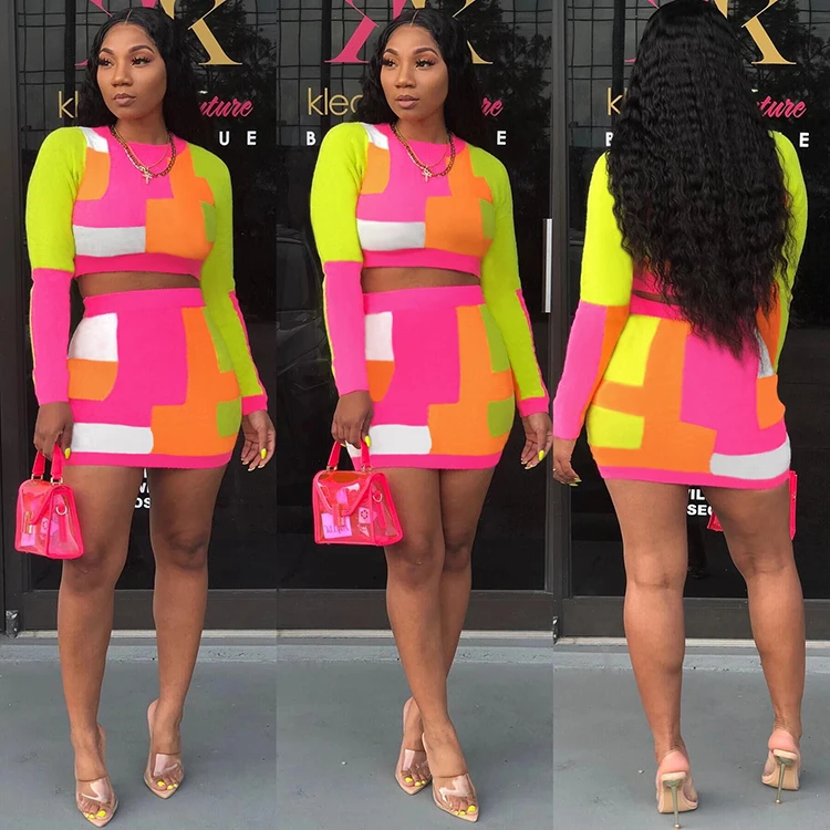 Color Block Long Sleeve Bodycon Two Piece Skirt Set For Women