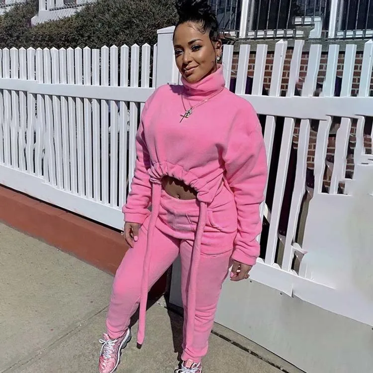 

Trending 2021 Turtle Neck Drawstring Two Piece Outfits Women Pants Set Long Sleeve Lounge Sets 2 Pcs Womens Clothing, Pink,orange,gray,black,blue