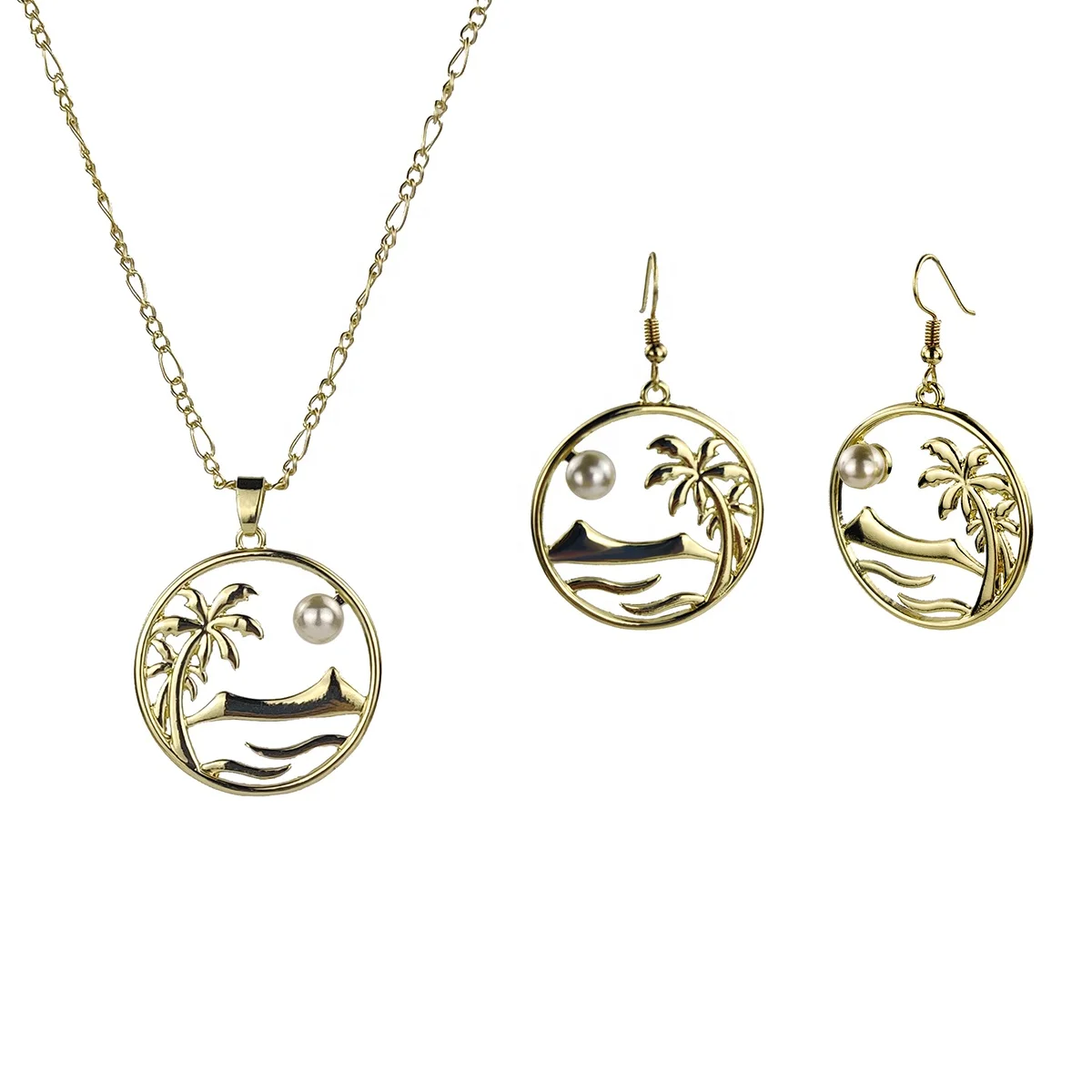 

SHUIIN Hawaiian 14k gold sea-life coconut tree mountain and sun pearl jewelry set wholesale for women