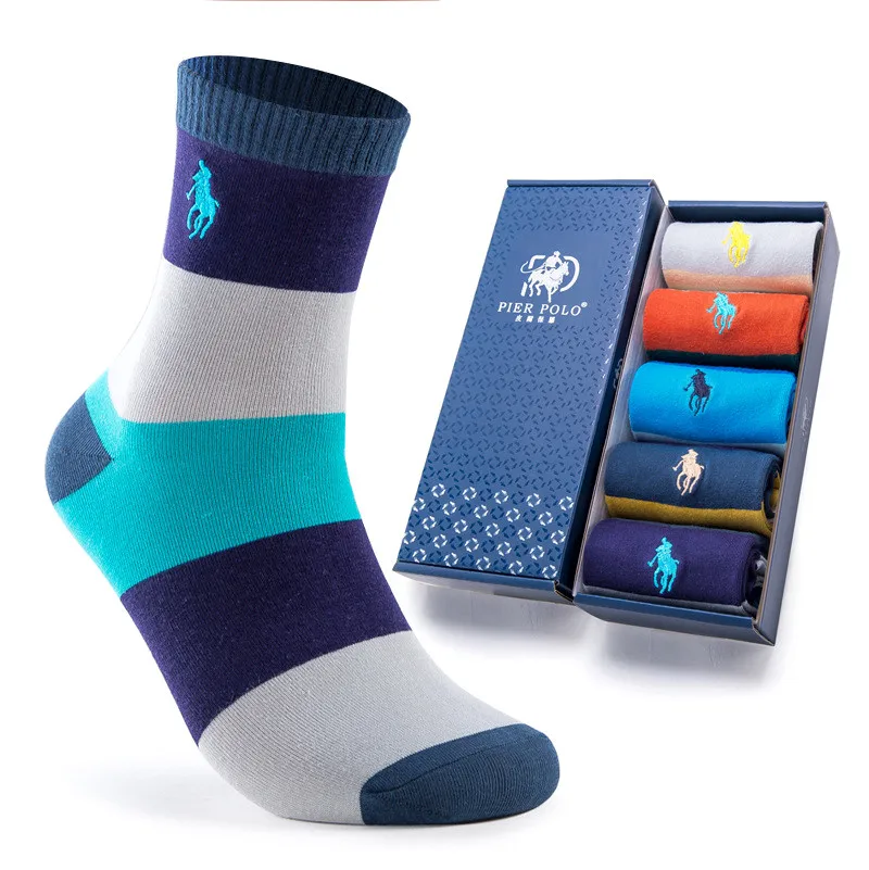 

High Quality Custom Embroidered Logo Business Combed Cotton Stripes Polo Men Brand Socks With Box, Custom color