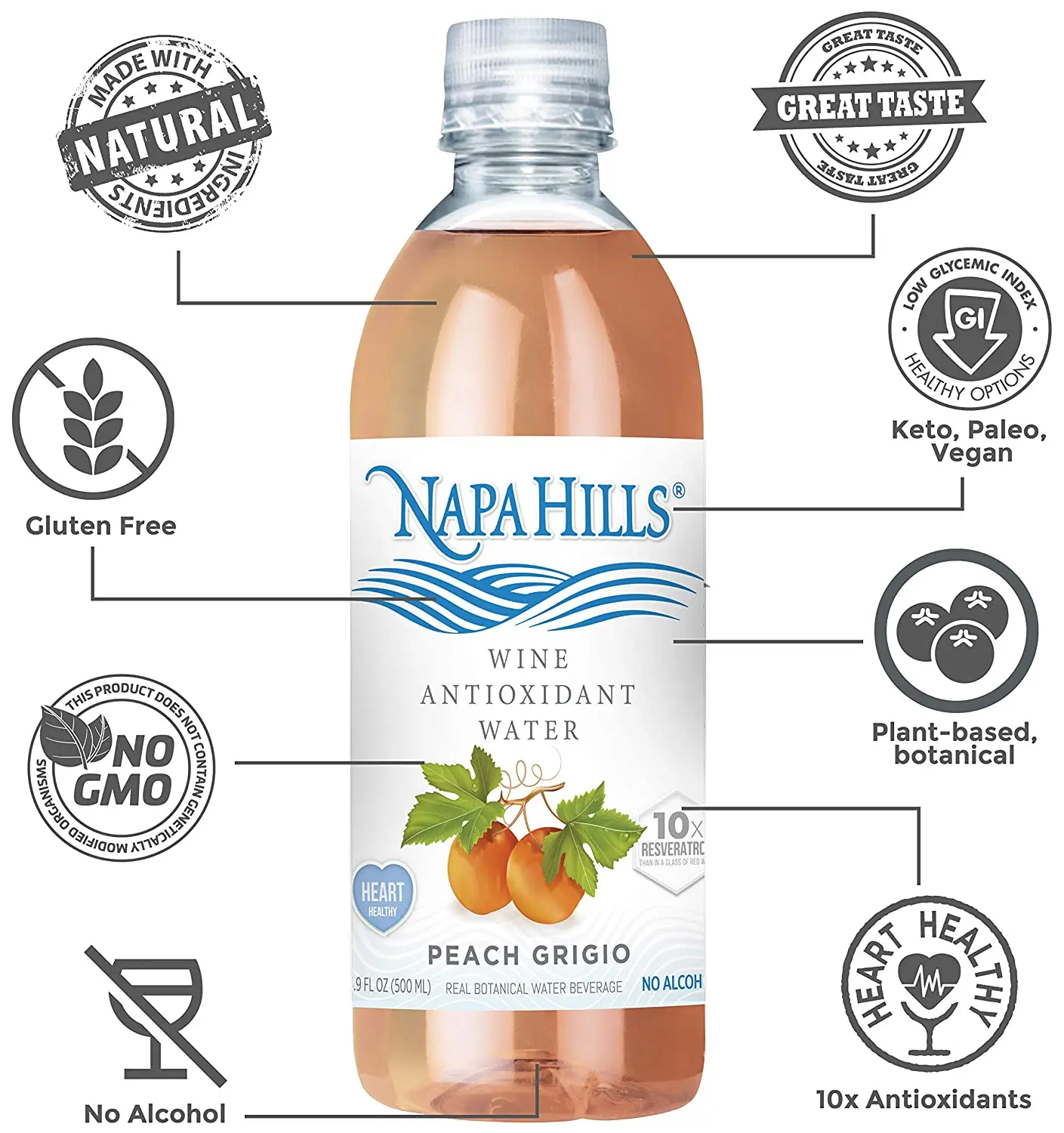 
Variety Flavored Napa Hills Wine Antioxidant Wine Non Alcoholic Resveratrenriched Drink 3 Lemon 3 Berry 3 Peach 3 Cherry 12 Pack 