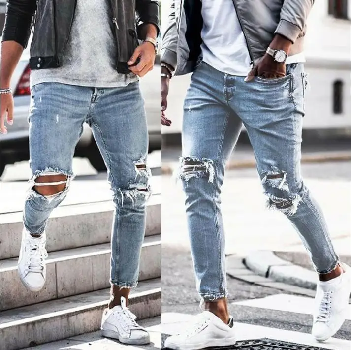 

Custom Men's Jeans Boy's Denim Pants Skinny Sports Streetwear Destroyed Ripped Men Denim Jeans Broken Male Pencil Pants