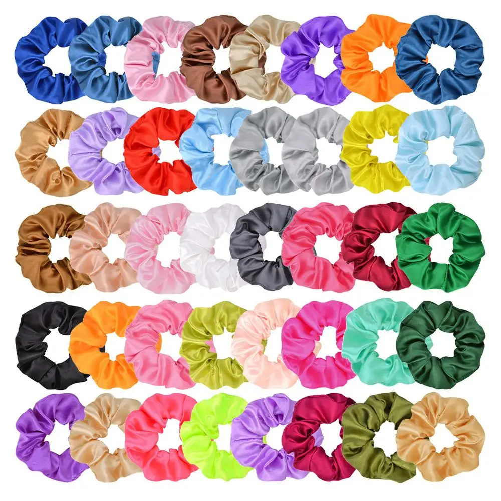 

Mia Free Shipping Women Solid 40 Colors Satin Fabric Scrunchies Hair Ties For Girls And Ladies Hair Accessories, Picture shows