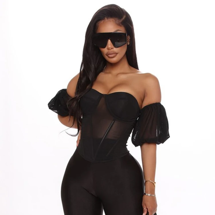 

The Newest Corset Puff Sleeve Chiffon Off Shoulder Women Sexy Tops