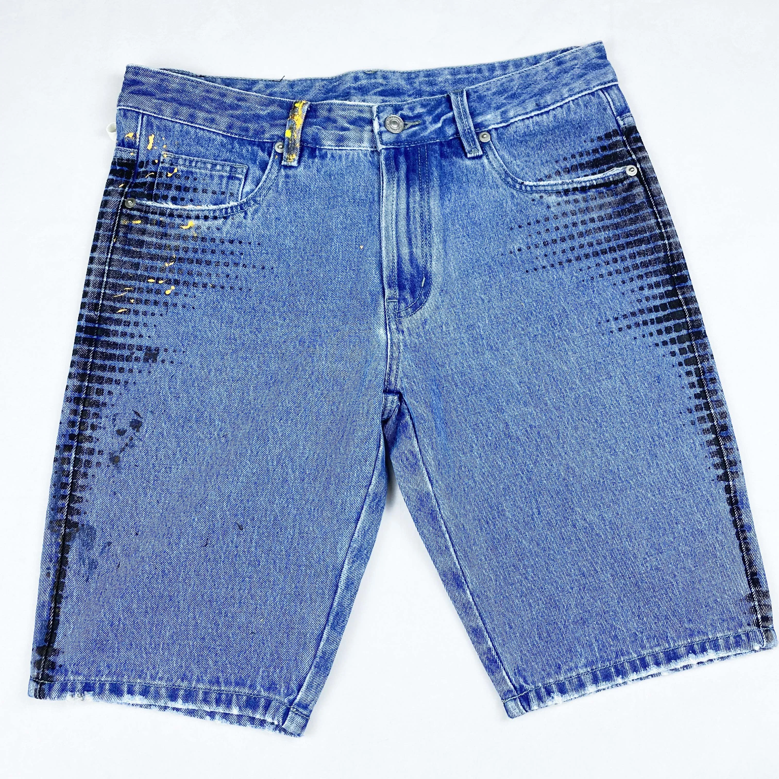 

Wholesale Fashionable Pattern Skinny Blue breathable Denim Print Shorts Pants Men's Jeans, Dark blue