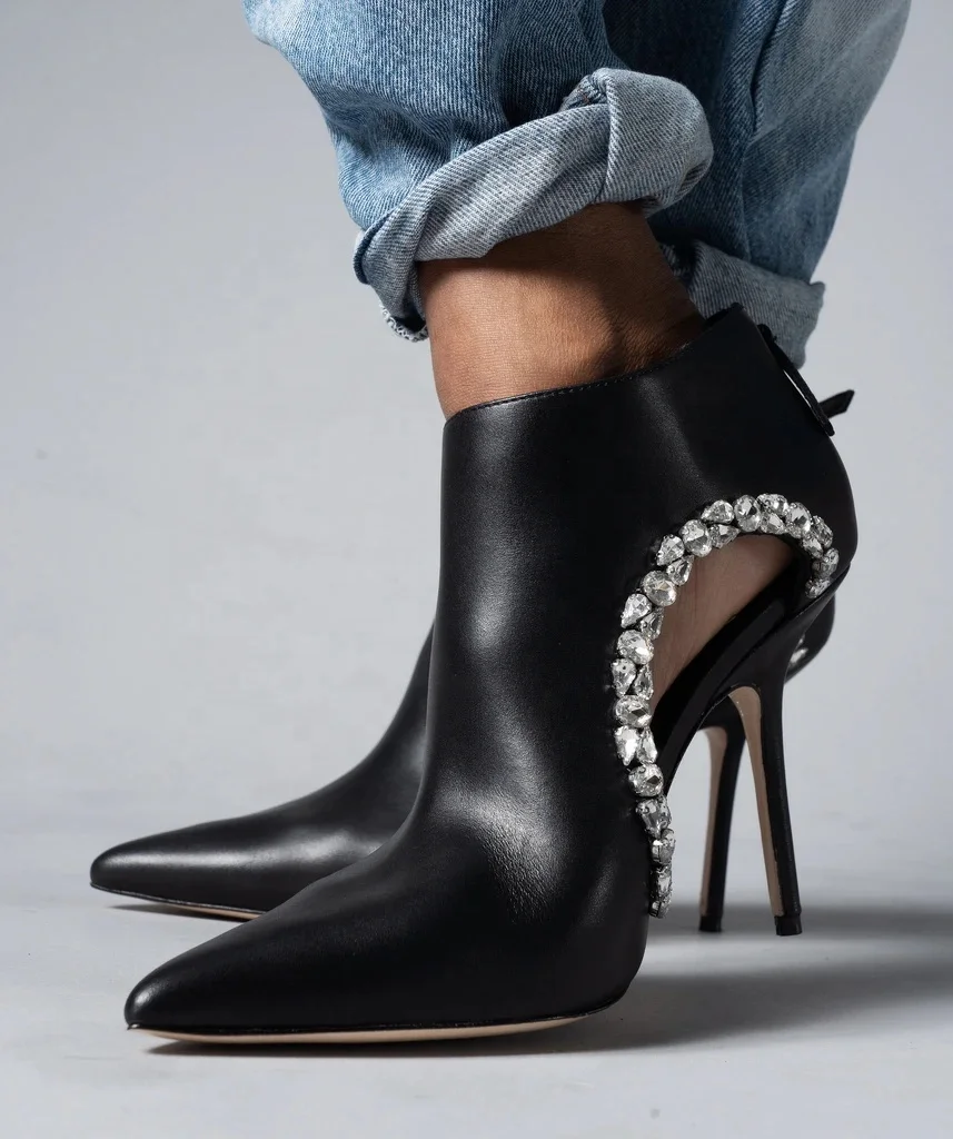 

hot selling special design rhinestone diamond hollow side high heel ankle boots for elegant women