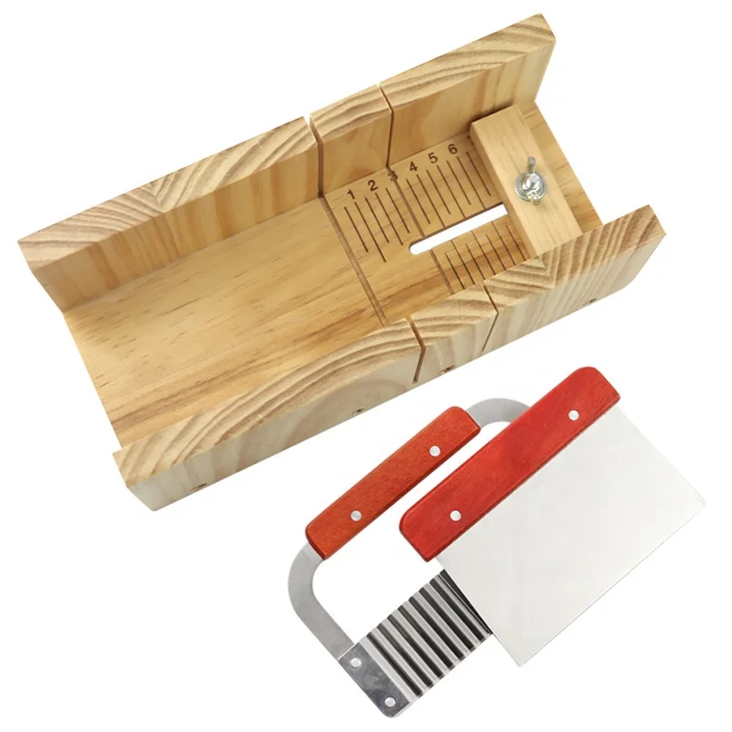 

Three Pieces Suit DIY Adjustable Practical Manual Soap Bar Wooden Box with Stainless Steel Wavy and Flat Cutter Soap Making Kit