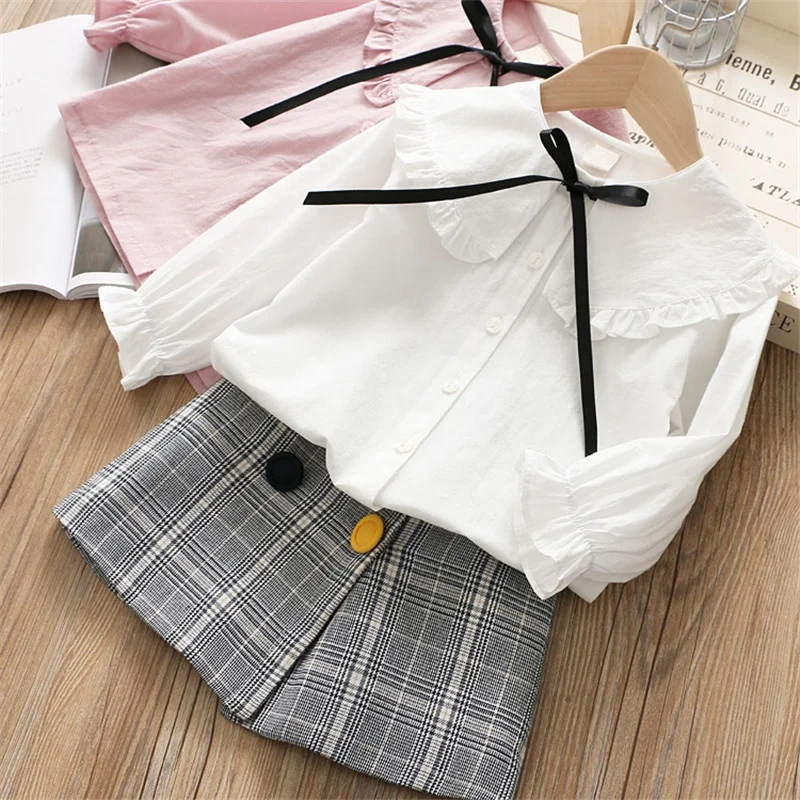 

B24624A Spring New arrival girls suit fashionable bow long sleeve shirt and plaid skirt 2-piece clothing set