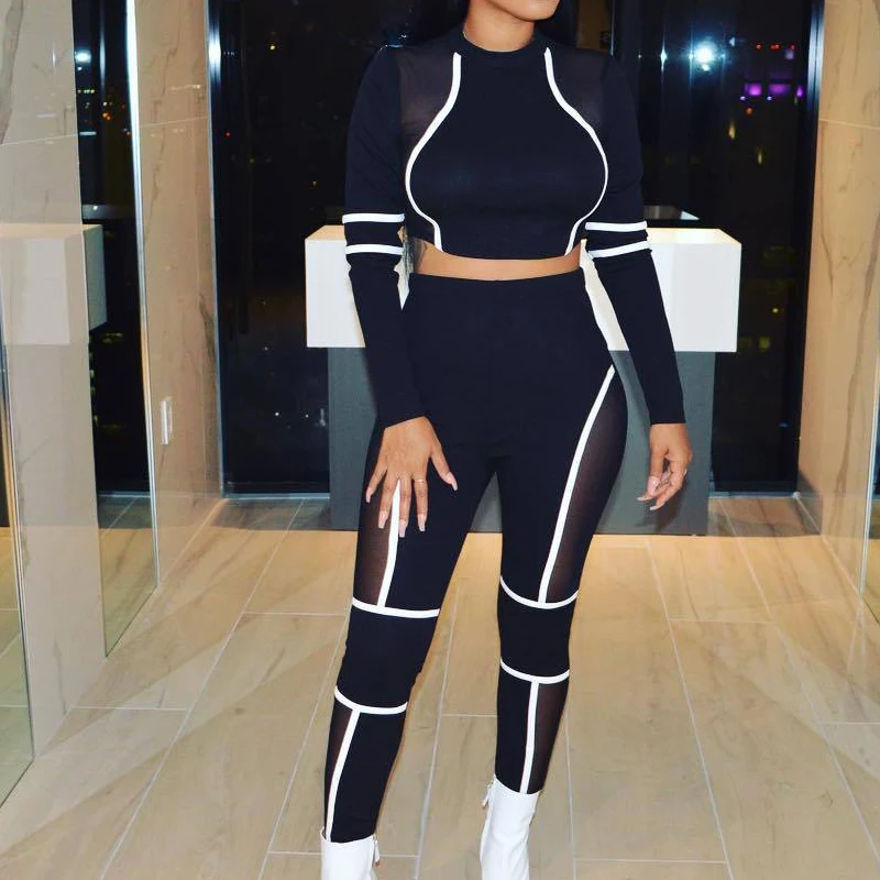 New Printed Mesh Women Sports Suit Fitness Gym Clothing 2 Piece Set Tracksuit