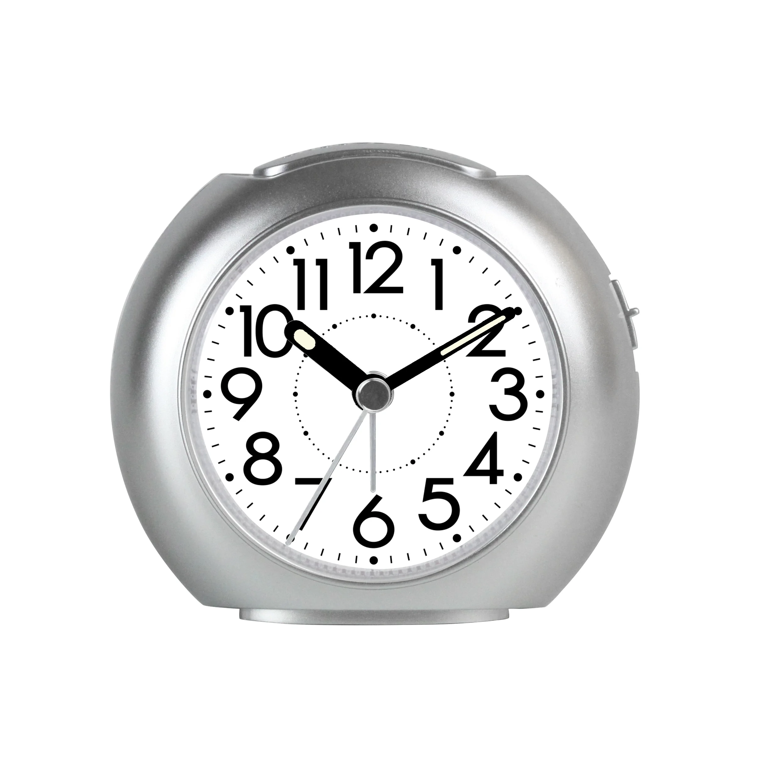 

BB08011 new arrival ABS plastic round shape desk top alarm clock snooze soft light school alarm clock, Black white silver blue or customize