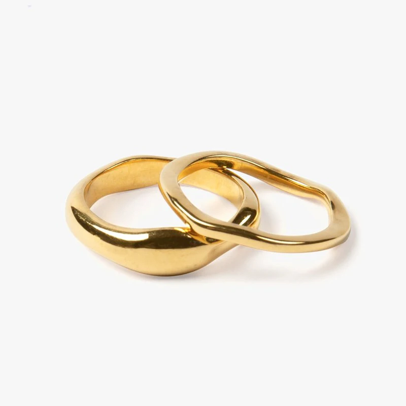 

France 18K Gold Plated Stainless Steel Irregular Waves Ring Stackable Rings for Women, Picture