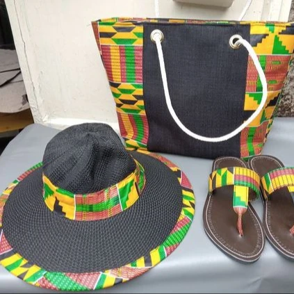 

Lulu&lucy African Kente Tribal Beach Tote Handbags matches Straw Hats(Bag only), Orange green kente