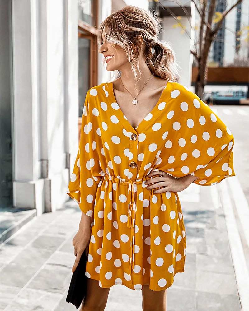 Fashion Hight Quality Women V-Neck Dot Pattern Printed Short Sleeve Holiday Casual Dress