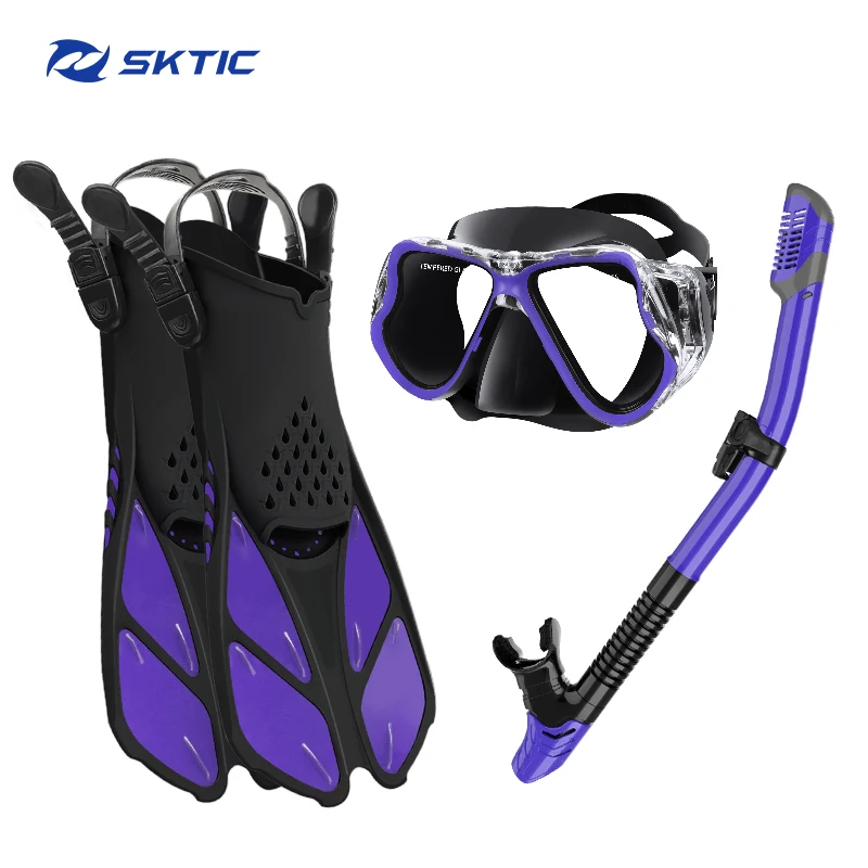 

SKTIC Black Purple Violet Silicone snorkel gear free diving fins dry top snorkel tube goggles for Adults