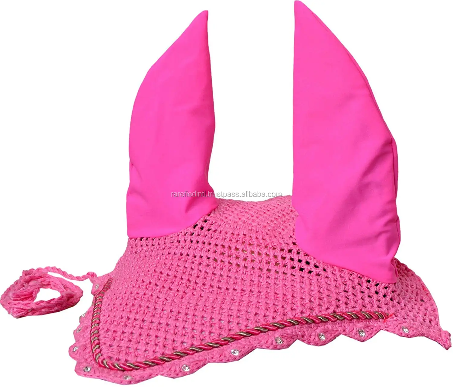 FULL COB EAR NET CROCHET FLY VEIL EQUESTRIAN HORSE WITH CRYSTALS PINK PONY 