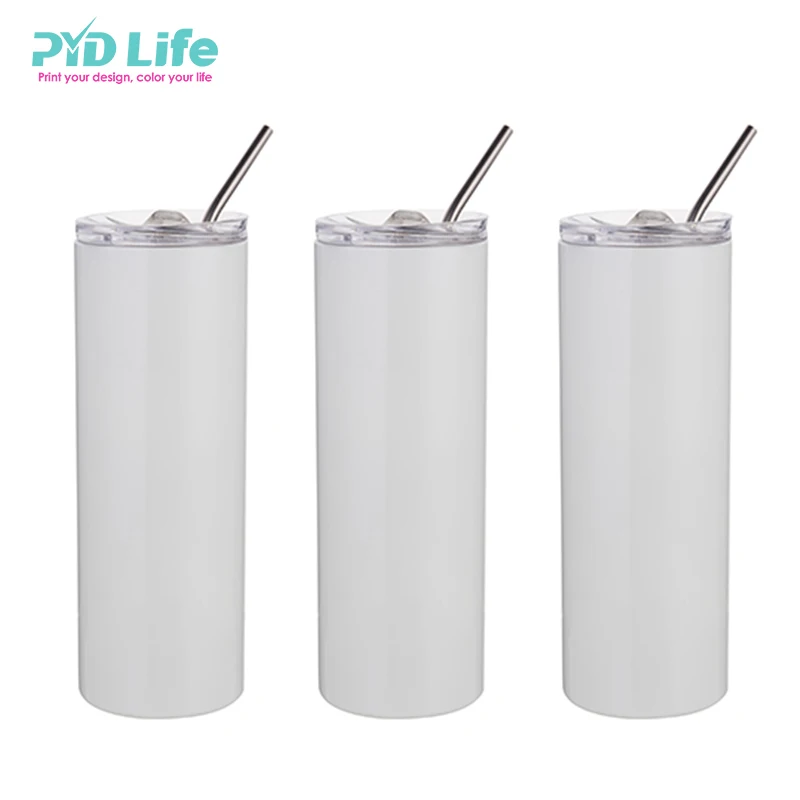 

Stainless Steel 20oz Sublimation Skinny Tumblers Double Wall Insulated Straight Tumbler Cups With Lids And Straw, Silver/white