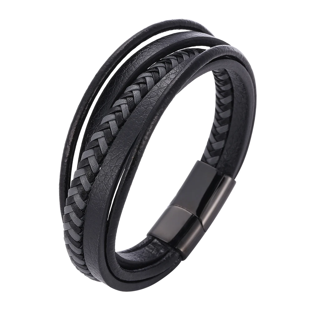 

Charm Leather Bracelets Men Jewelry Stainless Steel Magnetic Clasp Multilayer Braided Rope Wristband for Male SP1075
