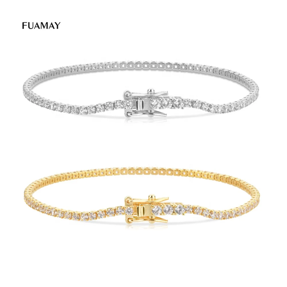 

FUAMAY 925 Sterling Silver 2MM White Diamond Tennis Bracelet Yellow Gold CZ Tennis Chain Bracelet Woman