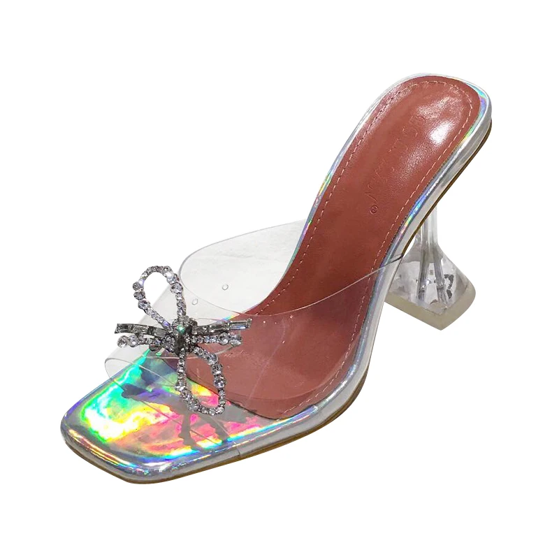 

101399 iHeeled shoes ladies slippers new summer fashion rhinestone bow knot decoration crystal heels lady slides female sandals