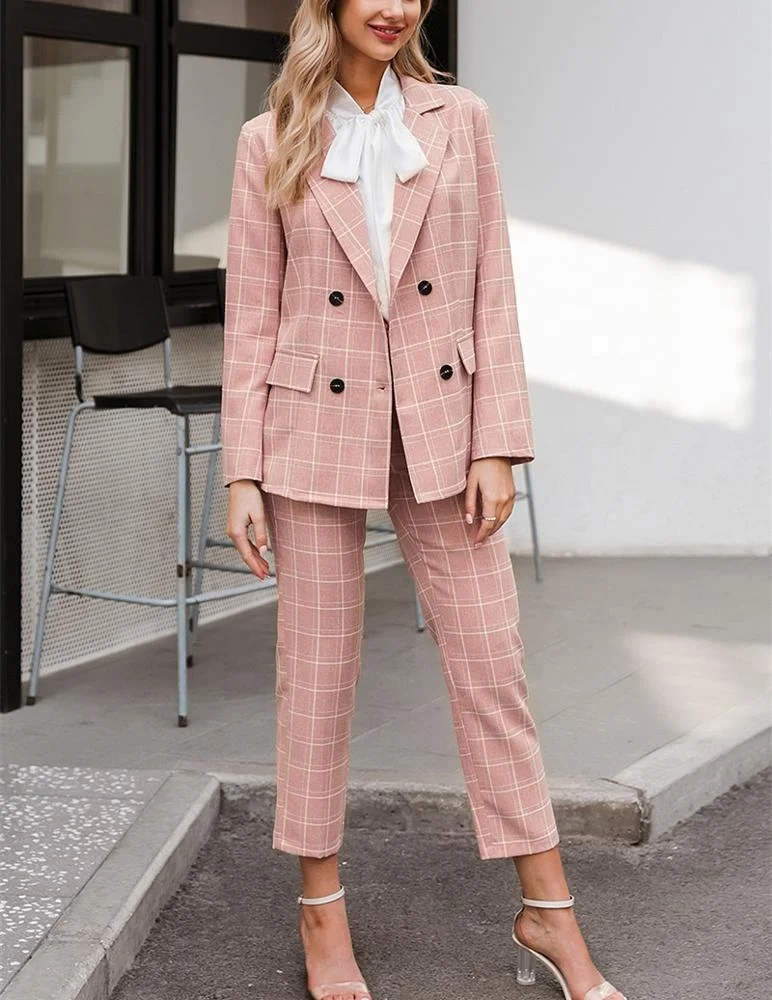 

Spring Fashion Long Sleeve Plaid Double Breasted Office Ladies Two-piece Blazer Sets, 1 color