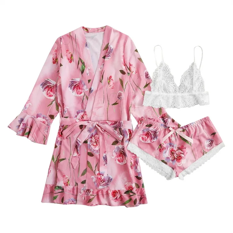 

Ladies Homewear Fashion and Comfortable Girls 3 Piece Sleepwear Lace Pajama Set, Shown