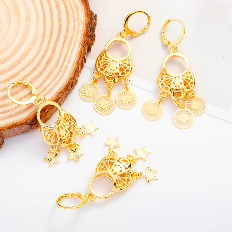 

JXX French Luxury 24K Gold Plated Flower Star Heart Shaped Pendants Earring Ear Buckle Personality Hoop Drop Earrings