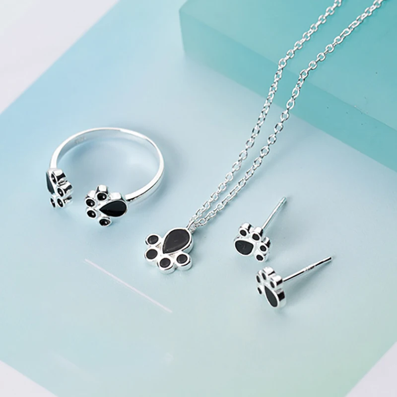 

N1399 Amazon Hot Jewelry Sterling Silver 925 Cute Little Paw Bear Print Series Black Gutta Percha Dog Paw Animal Female Necklace